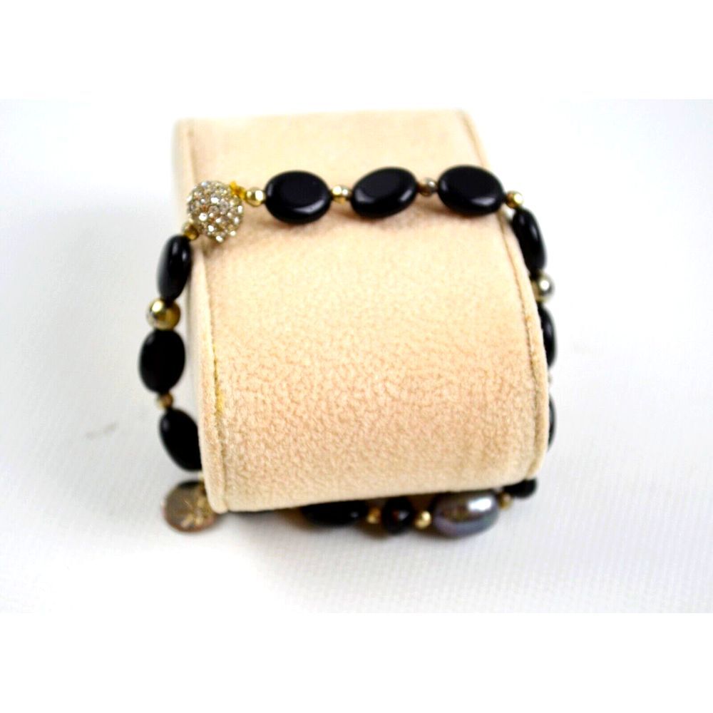 Erimish Black Oval Beaded Stretch Bracelet w/ Clear Rhinestone Bead